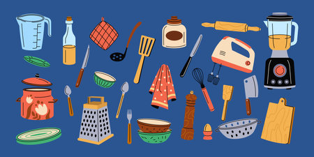 Kitchen tools. Cooking food. Pot and saucepan. Blender or mixer appliances. Spoon for dinner prepare. Cutting knife. Flat plate. Ceramic bowl and cup. Utensil collection. Vector tidy tableware setのイラスト素材