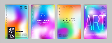 Gradient poster. Background bright colors, abstract shapes, modern design template. Fluid layout in green purple color. Presentation business, advertising for social media backdrop. Vector cover setのイラスト素材