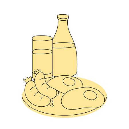 Abstract food kitchen. Dinner cooking. Fried eggs with sausages. Juice glass. Mild bottle cup. Scrambled yolk. Diet brunch. Gourmet breakfast. Hot omelet on plate. Line sketch. Vector culinary dishのイラスト素材