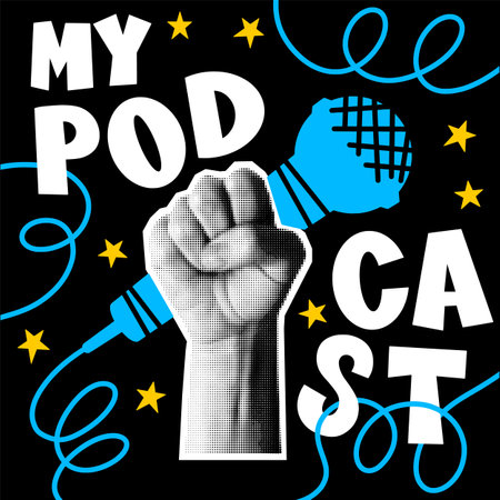 Post card. Vintage speaker. Podcast microphone. Hand holding mike. Halftone newsprint arm. Fist fingers. Newspaper graphic. Line lettering. Interview broadcast. Radio streaming. Vector collage bannerのイラスト素材
