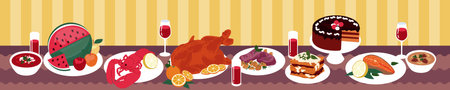 Food table Thanksgiving. Christmas dinner, feast, dish buffet, turkey, pie. Meal holiday, different party, festive plate tray. Vector cooked home eating. Cartoon flat style isolated illustrationのイラスト素材