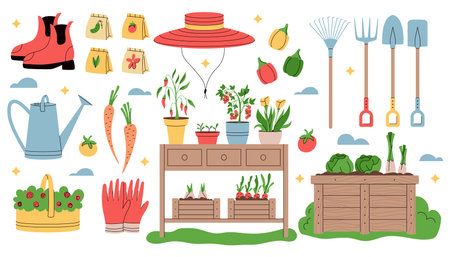 Garden tool for plant. Vegetable compost. Home flower. Spring care for farming. Rake and shovel. Houseplant in box. Soil for grass. Gardener boots or hat. Floral gardening. Natural garish illustrationのイラスト素材