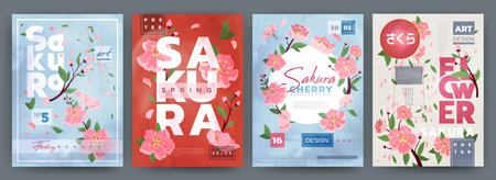 Sakura. Cherry blossom of Japan. Flower poster. Nature tree in spring. Floral pink branch from Japanese tradition to bloom. Modern geometric design with botanical vector wedding Chinese tidy cardのイラスト素材