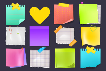 Note, sticker. Memo on board of torn paper yellow. Pin, colorful clip and pad, office glued reminder. Blank space message, Sticky page. Notepad sheets with folded corner. Vector design isolated labelのイラスト素材