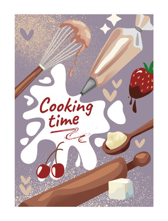 Bakery time. Cake cooking. Pastry recipe. Dough rolling. Cream whisk. Glazed berry. Sugar spoon. Kitchen preparation. Biscuit and pie. Flour and butter for confectionery cook. Vector culinary bannerのイラスト素材
