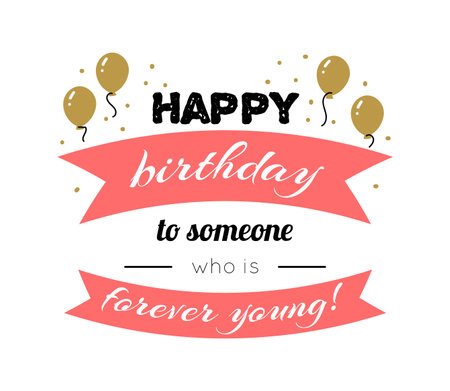 Happy birthday card. Greeting or invitation design. Ribbons with text, golden balloons and confetti. Festive congratulation lettering. Postcard or label. Vector flat style isolated illustrationのイラスト素材
