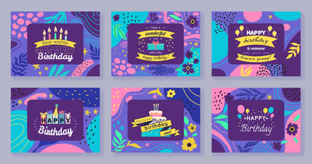 Happy birthday cards. Anniversary party celebration. Holiday gifts. Festive balloons. Present box. Abstract flowers frame. Cake candles. Congratulation text ribbon. Vector design event postcards setのイラスト素材
