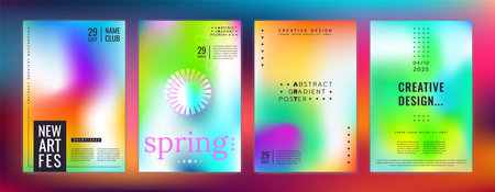 Gradient green poster set. Background abstract, design template for event. Fluid shape, minimal modern layout for presentation. Summer creative cover. Vector banner dynamic forms backdrop collectionのイラスト素材