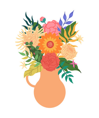 Bouquet in vase. Summer flowers and colorful leaves. Beautiful botanical decor in pot, decorative composition for cards and posters. Different blossoms. Vector cartoon flat style isolated illustrationのイラスト素材