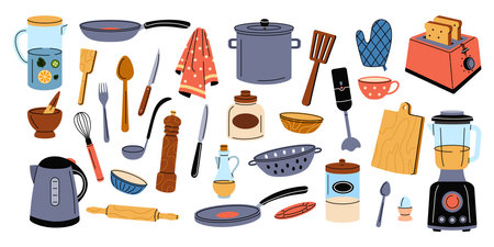 Kitchen cook. Utensil with cutlery. Chef tool. Fork and knife. Home kitchenware. Tableware for cooking. Plate with spoon. Domestic cookware. Household appliance for food preparation. Vector tidy setのイラスト素材