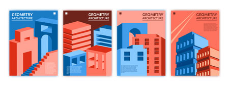 Minimal city architecture. Cube perspective minimalistic style posters. House graphic in abstract colorful geometry. Landscape pattern. Texture business banner. Vector wall art garish constructionのイラスト素材