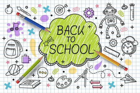 Back to school. Doodle icons drawing. Education concept. Checkered notebook paper. Creative idea. Kid study. Student line graphic sketch on board. Art scribble element. Vector sign tidy illustrationのイラスト素材