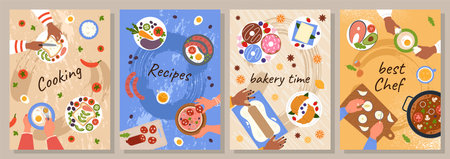Food cooking. Bakery time. Chef arms. Lunch preparation. Hands frying eggs omelet top view. Cook recipe. Pastry cake baking. Kitchen product. Diet meal ingredient. Culinary vector posters design setのイラスト素材