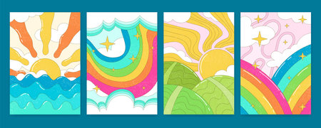 Retro sun poster. Groovy background. Psychedelic cloud 70s. Cartoon art sky summer. Abstract landscape. Sunrise vibes. Happy wave. Stars and rainbow. Meadow hills. Cute acid garish vector banners setのイラスト素材