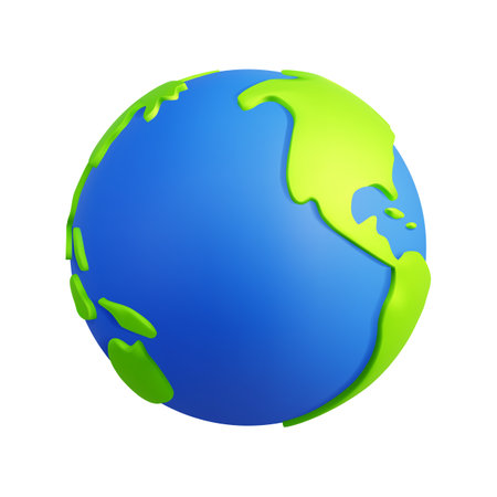 Green Earth. 3d globe icon, Round world map, blue oceans, continents and islands, planet in space, render isolated cartoon object. South and northern America, vector modern isolated illustrationのイラスト素材