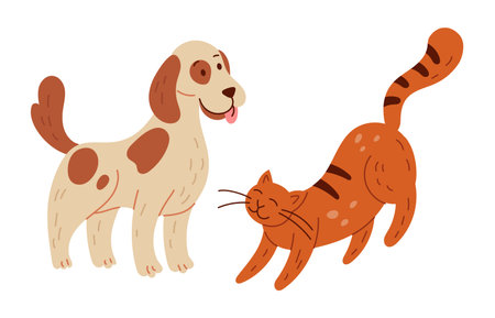 Happy cat and dog. Cute domestic pets. Animal veterinary mascot, playful adorable kitty and puppy. Funny purebred pretty mammals. Vector cartoon flat style isolated on white background illustrationのイラスト素材