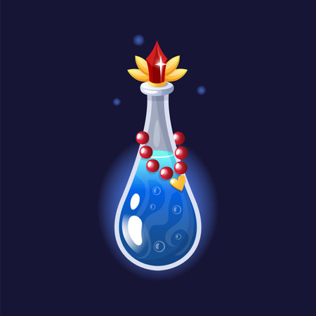 Magic potion. Blue liquid in bottle, elixir mystery poison drink. Red gemstone on cap. Witch and wizard alchemy. Chemical substance. Sorcery spell antidote. Vector cartoon flat isolated illustrationのイラスト素材