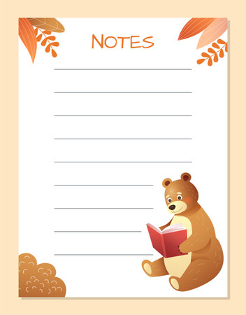 Note page. Cartoon design diary. School schedule. To do list. Cute bear read book. Autumn plant. Tree leaves. Reminder printable paper. Empty lined sheet. Agenda organizer. Vector notepaper templateのイラスト素材