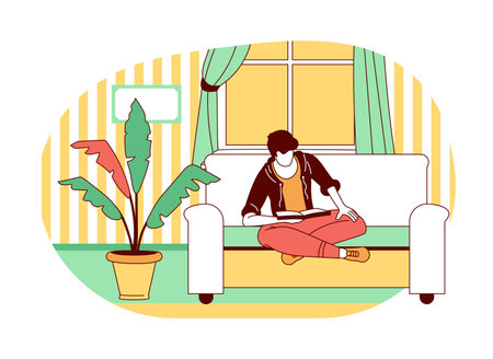 People read books. Man sitting at sofa. Literatures studying. Comfortable living room. Reader in cozy home interior. Recreation or education. Guy enjoying of novel. Textbook learning vector conceptのイラスト素材