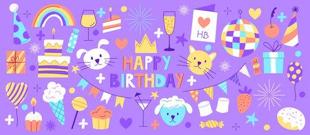 Happy birthday party icon. Element cake, gift, animal faces. Doodle retro, cute invitation design. Sweet vintage sticker, childish label, anniversary present. Vector illustration of garish celebrationのイラスト素材