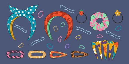 Hair accessories. Hairpin for girl. Headband icon. Clip and hoops. Woman fashion. Hairstyle design. Decoration scrunchie. Hairband ribbon. Hairdo bijouterie. Vector tidy cartoon hairdressing grips setのイラスト素材