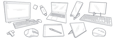 Phone sketch. Modern laptop. Computer keyboard. Engraved smartphone. Mobile screen. Hand draw illustration. Tablet PC. Smart line doodle equipment. Flesh card or mouse. Vector electronic gadgets setのイラスト素材