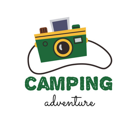 Camp outdoor. Adventure travel banner. Camping tourism. Photo camera. Hiking tour print. Photographer leisure journey. Traveler voyage snapshot. Tourist hobby. Graphic lettering. Vector card designのイラスト素材