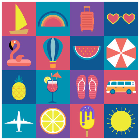 Summer travel icons. Tropical season vacations, square shapes with sun, flamingo and plane. Summertime tourism resort pattern, beach holiday on sea. Vector cartoon flat style isolated illustration setのイラスト素材