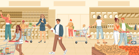 Store. Supermarket with consumer grocery. Cart for mall food and drinks. Family person shopping on shelf. Retail basket. Vector character buy in hypermarket. Cartoon flat style isolated illustrationのイラスト素材