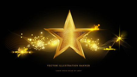 Gold star. Light sparks. Glow on black background. Luxury stage shape. 3D poster glitter. Premium sparkle show. Award ceremony. Overlay golden shiny effect. First place reward. Vector victory bannerのイラスト素材