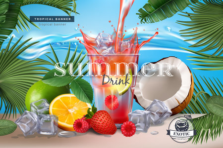 Fruit juice. Splash in glass. Ice cubes. Mix raspberry with lemon. Ad banner template. 3D orange and strawberry. Tropical palm leaves. Lemonade fresh advertising. Vector exact realistic backgroundのイラスト素材