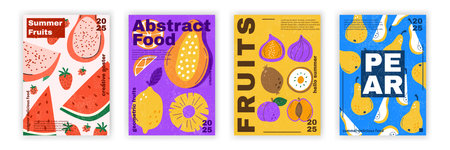 Summer food poster. Abstract fruit. Tropical fresh ripe slice texture. Card restaurant. Season menu. Kiwi, watermelon, orange. Delicious lemon and pineapple. Vector typography garish banner setのイラスト素材