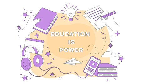 School training, education icon. Science abstract frame, online book course. Knowledge elements, university study. Exam webinar in class. Hand symbol. Headphones and textbook. Vector marketing bannerのイラスト素材