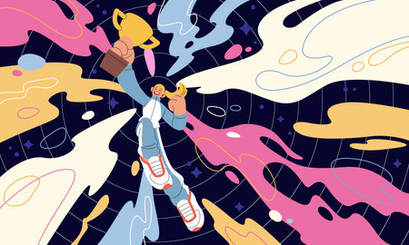 Recognition of people. Concept award employee. Achievement of human. Personal success, triumph myself. Idea psychology. Flying in space woman hold golden cup. Vector cartoon flat isolated illustrationのイラスト素材