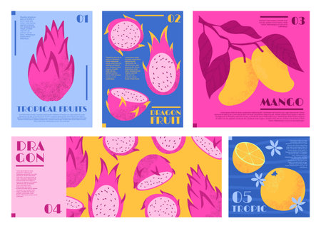 Fruit pattern. Exotic dragon fruits, Italian orange juice packaging design, fresh mango slice and whole. Ornament of poster, card leaves summer, frame graphic with food. Vector badge for garish printのイラスト素材