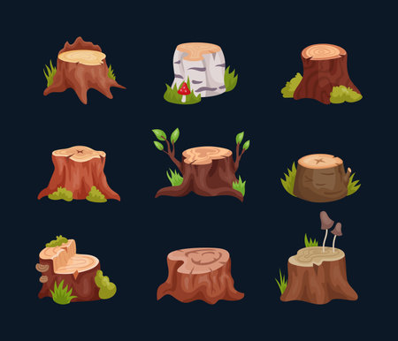 Tree stump. Wood cartoon textures. Birch and oak log cuts. Forest element. Nature wooden material. Icon game. Empty landscape timber. Pine trunk with mushroom and moss. Vector illustration tidy setのイラスト素材