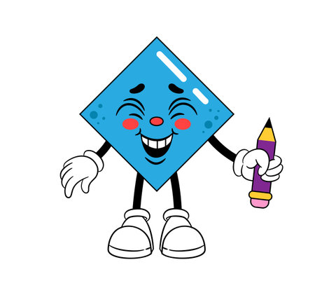 Face expression. Cute retro emoticon. Cartoon smiling character with pencil. Happiness and joy emotion. Happy feeling. Geometric shape with hands and legs. Abstract figure. Comic mascot vector iconのイラスト素材