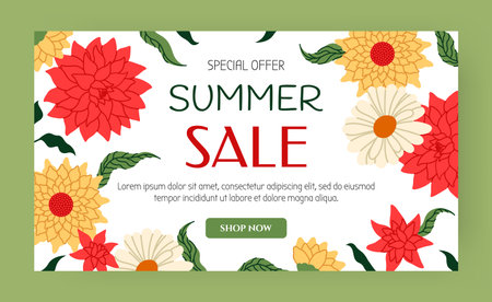 Summer sale background. Web banner with chrysanthemum flowers. Spring banner discount design. Floral decorative frame. Colorful wildflower bouquet. Vector cartoon flat style isolated illustrationのイラスト素材