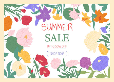 Summer sale banner. Different flowers background. Frame with wildflowers. Spring discount design. Floral decorative advertising. Colorful bouquets. Vector cartoon flat style isolated illustrationのイラスト素材