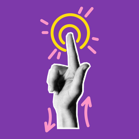 Pop art hand. Pointing finger. Direction icon. Halftone newspaper texture. Raised forefinger. Pointer arrow. Dotted newsprint. Grunge collage graphic. Aim target show. Human arm. Vector growth conceptのイラスト素材