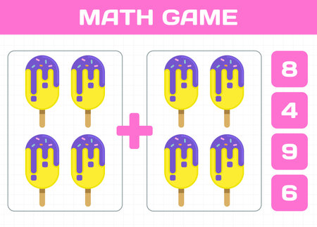 Summer fun. Math game. Workbook test. Mathematical counting quiz. Ice creams addition task. Children riddle worksheet. Mathematics learning. Numbers calculation. Vector educational kids puzzle designのイラスト素材