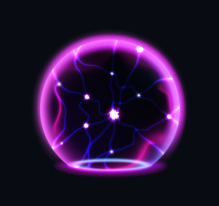 3D sphere. Glowing protective shield. Electric light spackles. Neon energy flash dome. Geometric round shape. Abstract circle bubble. Iridescent orb. Light purple shine. Vector futuristic ball elementのイラスト素材