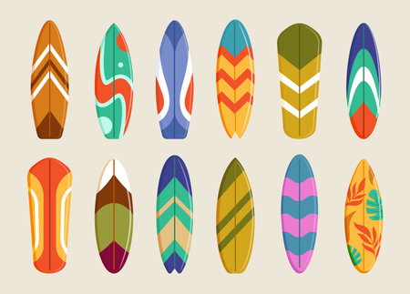 Summer surfboard. Retro sign coastal beach. Vintage sea icon. Tropical water fashion. Long board patterns. Swimming on wave. Extreme water sport equipment vector ocean surfing tidy decoration isolatedのイラスト素材