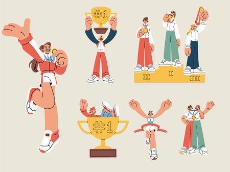 Victory gold trophy. Award medal set for winner. Concept happy young people hold cup prize, champions first place in sport and business competition. Successful team with goblet. Vector illustrationのイラスト素材