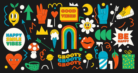 Sticker for comic day. Groovy doodle design, playful icon, cartoon heart, flowers and mushroom, vintage cloud, funny rainbow. Character with red lips, sneakers, gloves. Vector cute garish patch setのイラスト素材