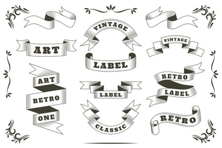 Vintage banner. Retro frame, curling scroll ribbon label, ornate scroll. Hand-drawn calligraphy design. Antique badge, curved emblem. Swirl flags with text, flattering tape. Vector classic garish setのイラスト素材