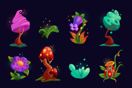 Fairy plant. Alien magic, fairytale tree on game nature. Flower wood cartoon in 3D. Forest fantasy blossom, psychedelic element. Creepy botany, mushroom and bush. Vector tidy isolated Illustrationのイラスト素材