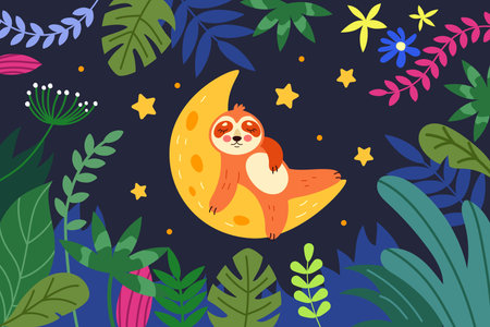 Sloth sleeps on hammock. Funny animal baby drawing. Cartoon kid dreaming on moon. Night forest. Illustration book. Children floral print. Sleepy mammal lying on crescent. Vector cute tidy backgroundのイラスト素材