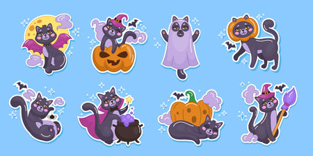 Cute black cat. Halloween kawaii characters. Ghost, pumpkin. Witch or wizard symbol. Creepy cartoon kittens, magic doodles. Autumn hand-drawn funny gothic animal mascot. Vector tidy isolated kitty setのイラスト素材