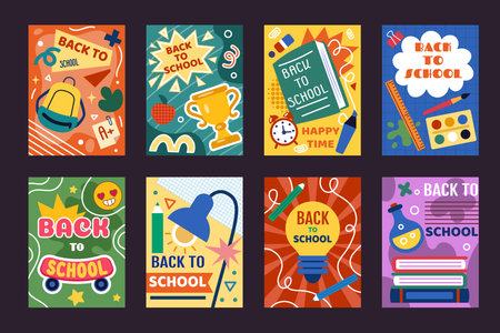 Back to school card. Cartoon kid book, classroom accessories. Collage background for children education. Study concept doodles. Study supplies, getting knowledge. Vector design tidy poster collectionのイラスト素材